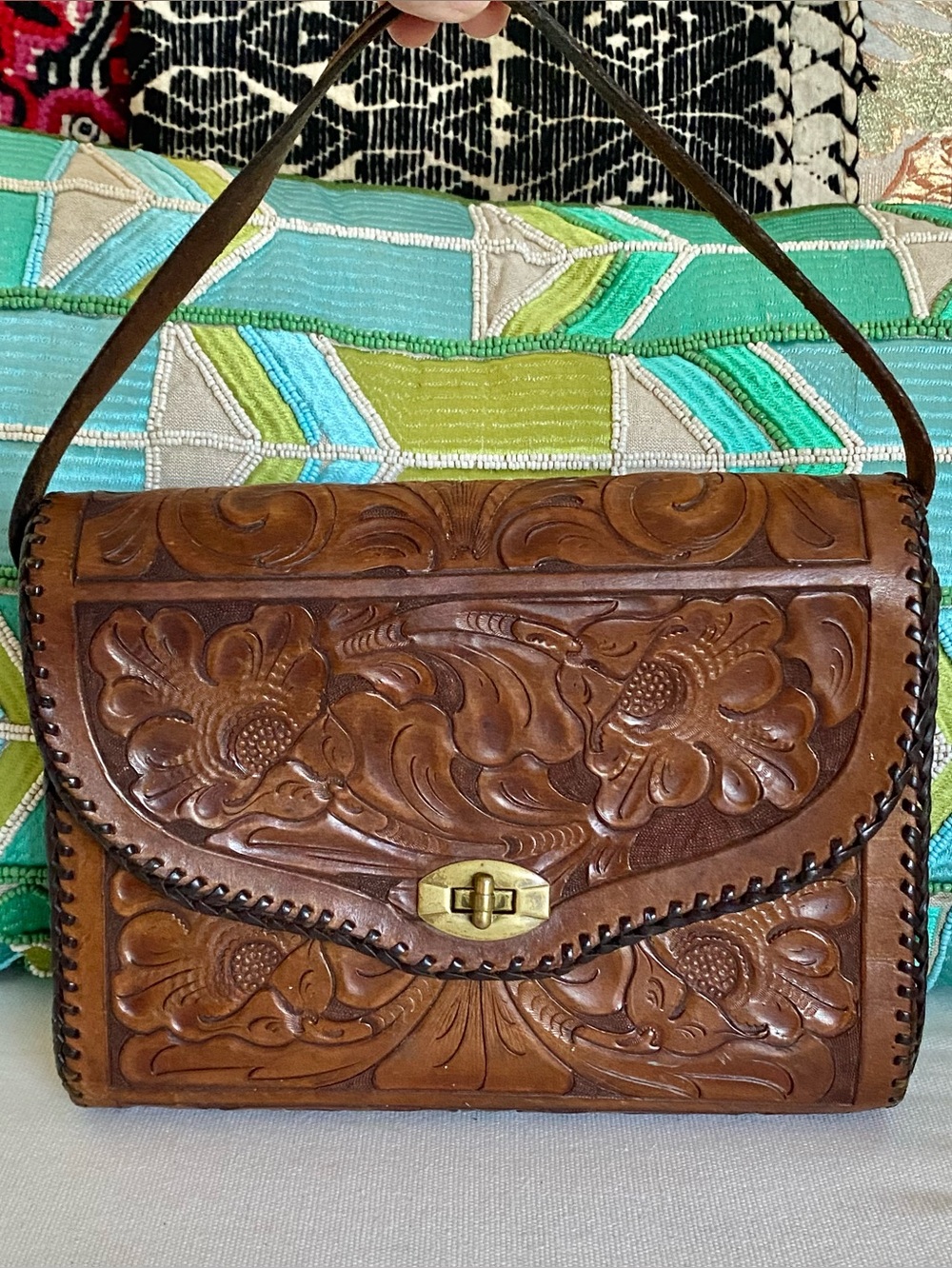 VTG 1950s 60s Hand Tooled Leather Purse Floral Motif Brass Clasp Gaitan Mexico